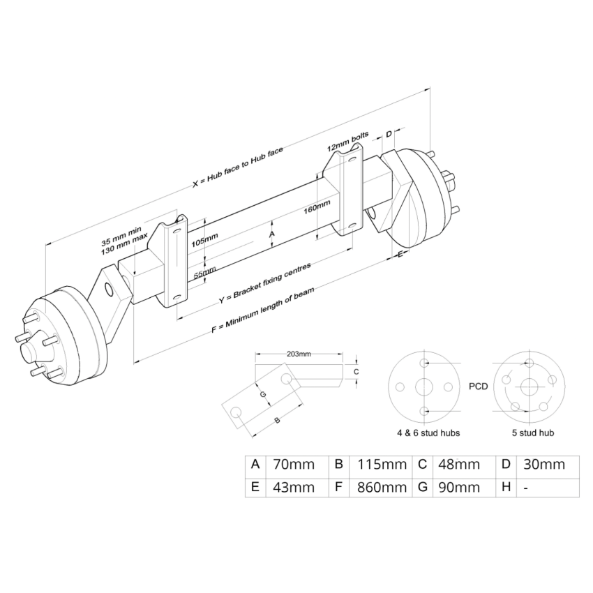 Braked Beam Axle 5 on 6.5