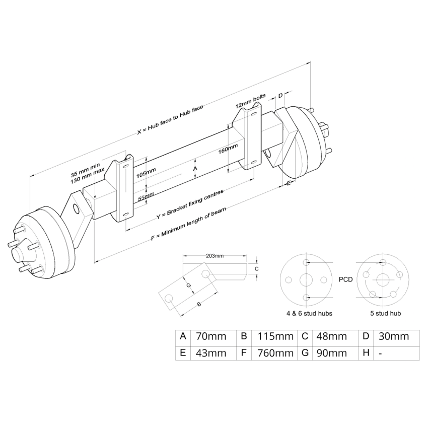 Braked Beam Axle 5 on 112mm PCD (1500 kg)